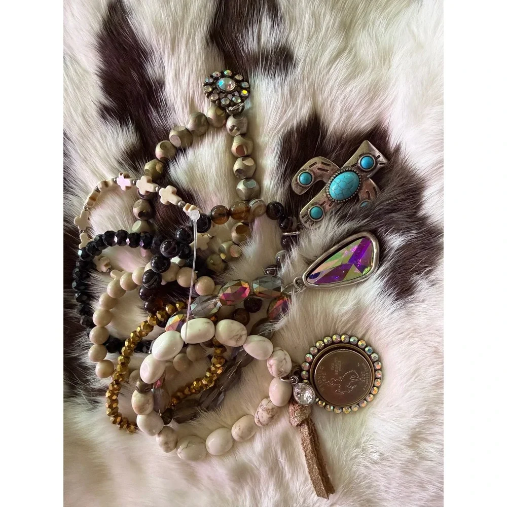J Coons 8pc Stacker Bracelet Set Boho Turquoise Cactus Wyoming Quarter Charms
